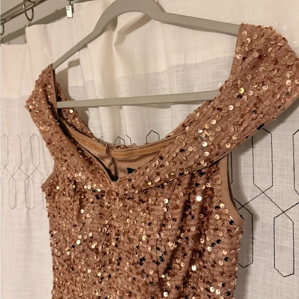 Elegant Rose Gold/Blush Sequin Off-Shoulder Dress - Picture 4 of 8